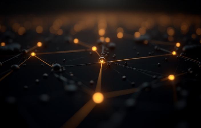 3D abstract illustration of interconnected nodes and blocks in a non-linear topology