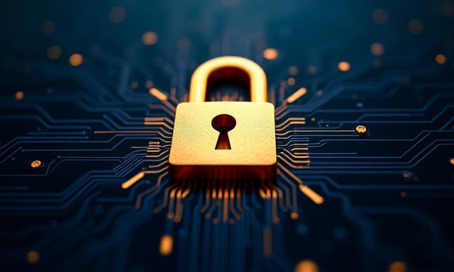 Security concept with golden lock and digital grid